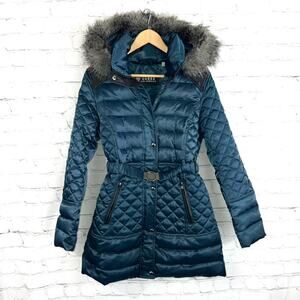 NWOT |•GUESS•| Hooded Down Faux-Fur-Trim Long Quilted Puffer Teal Jacket Small